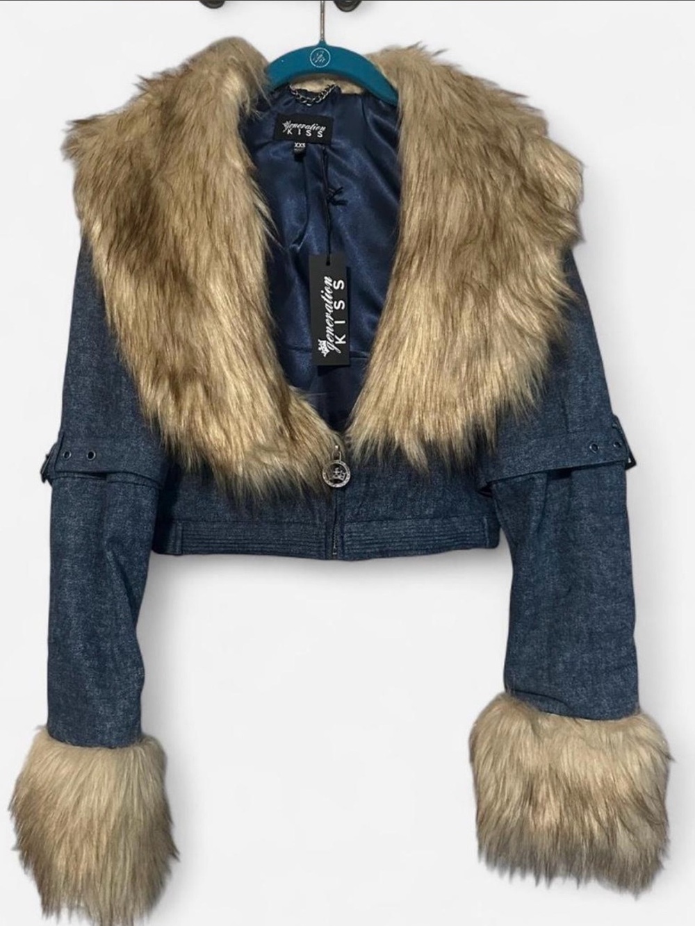 Kiss Dark Blue Cropped Jacket with Tan Faux-Fur Trim